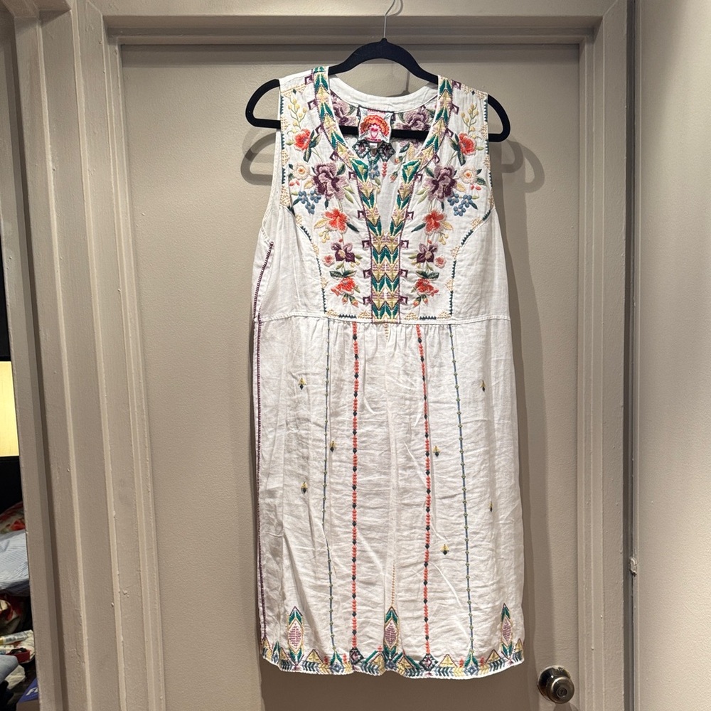 Johnny Was White Embroidered Midi Dress with Multicolor Floral Accents